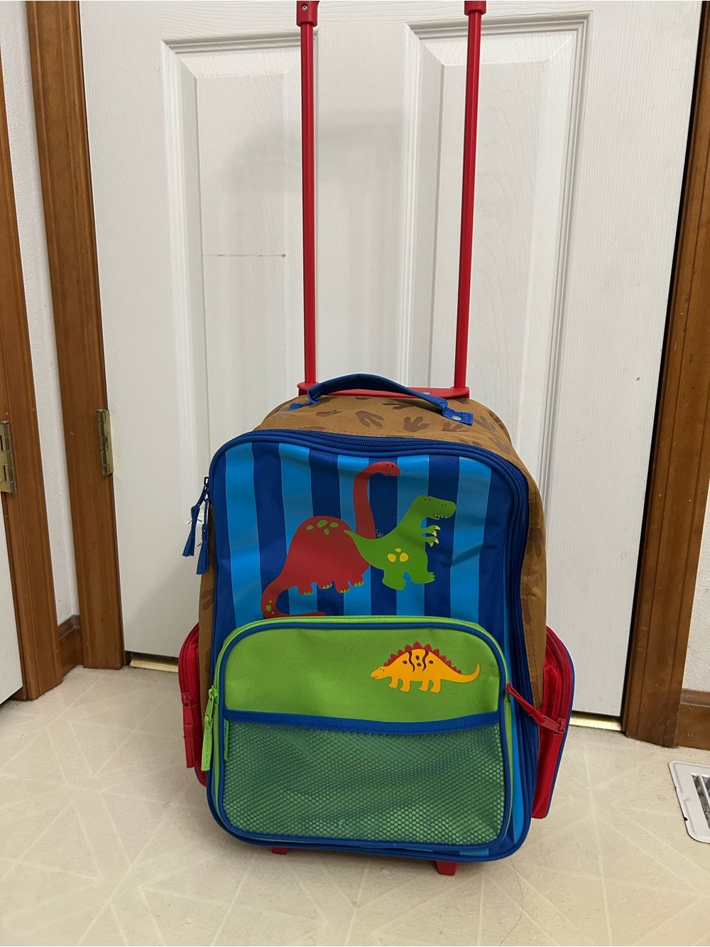 Kids Rolling Trolley Backpack - Blue & Green Dinosaur Design